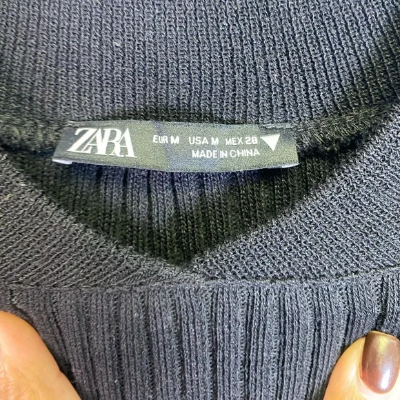 Zara Ribbed Black Midi Dress with Ruched Olive Green and Blue Bomber Sleeves - Picture 3 of 12